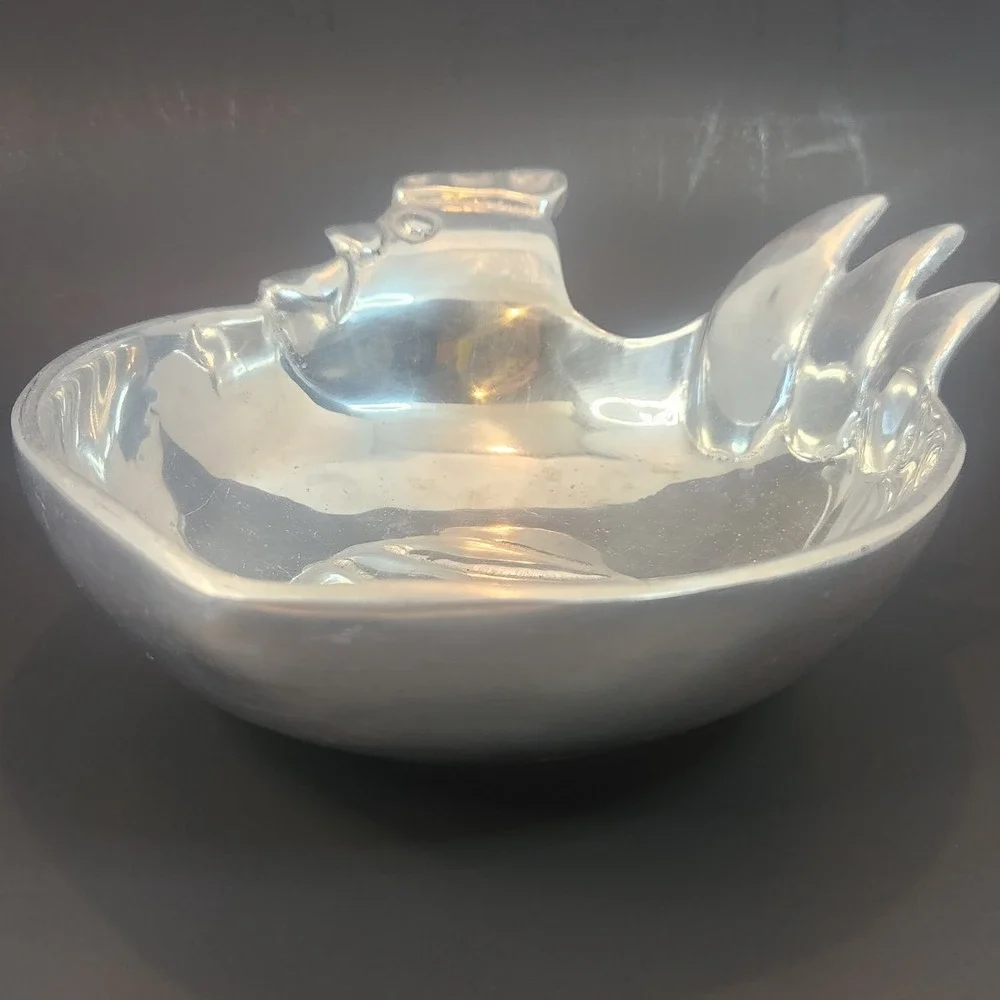 Vintage Chicken Cast Aluminum Decor Bowl Nut Dish Mid Century Modern MCM Rooster